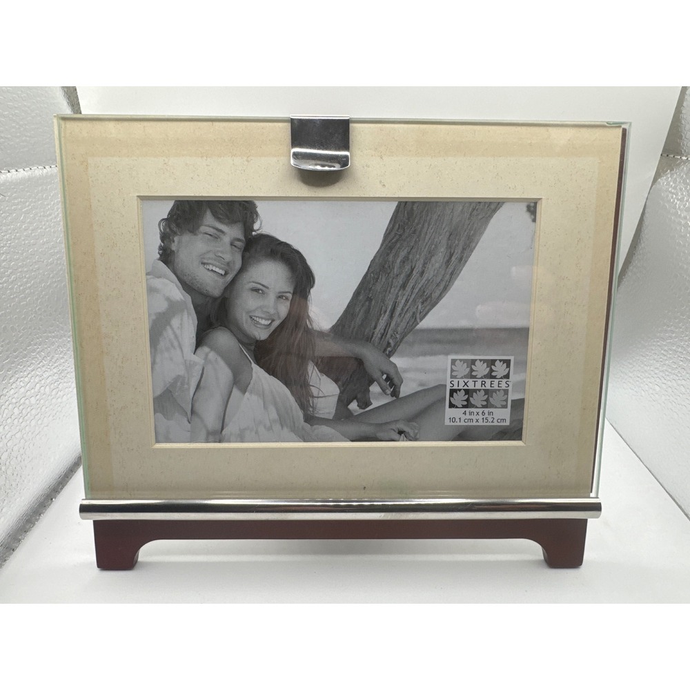 Sixtrees 4x6 Glass Picture Frame Mahogany Wood Base Chrome Accents Modern Decor